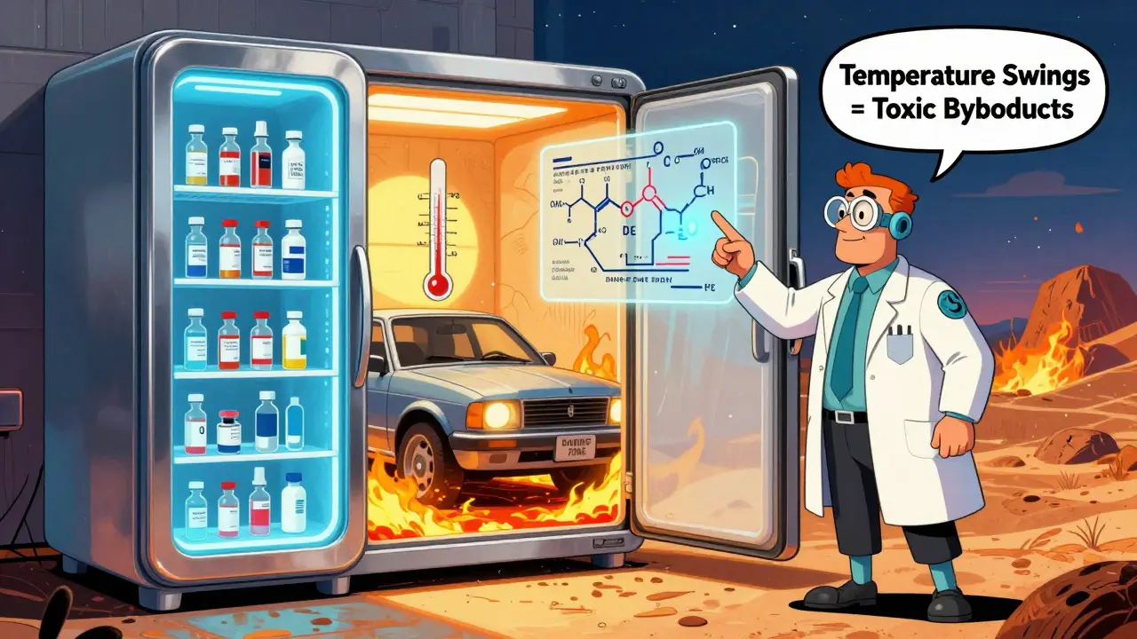 A fridge with a desert inside, showing how heat destroys medication, with a scientist pointing at a breakdown chart.