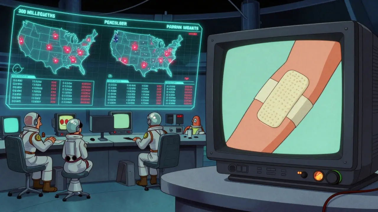 A futuristic FDA control room monitors patient data with holograms and glowing maps of adverse events.