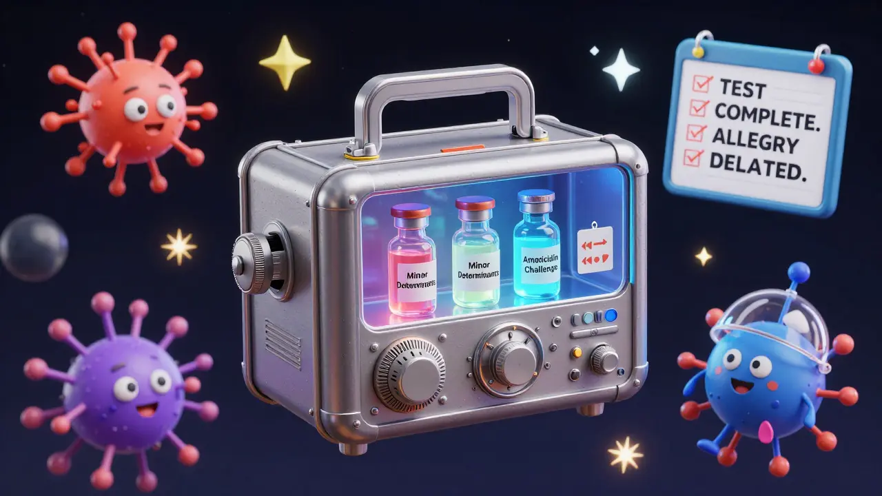 A futuristic medical kit with glowing vials and a smiling penicillin molecule, symbolizing accurate allergy testing.
