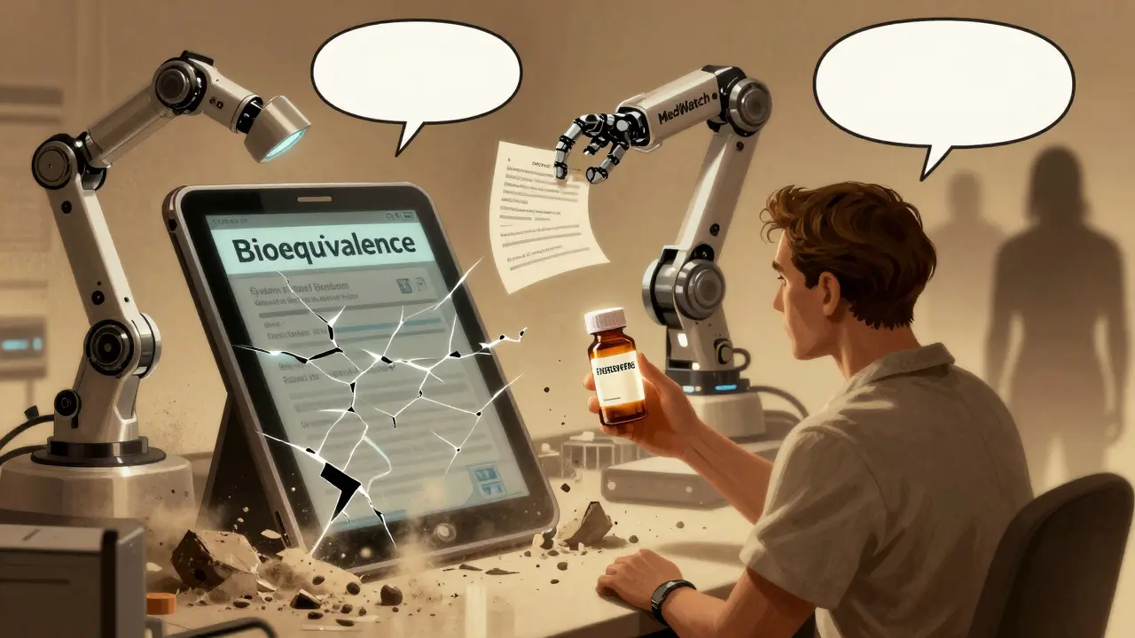 A patient holds a prescription bottle as a crumbling tablet labeled 'Bioequivalence' breaks apart behind them.