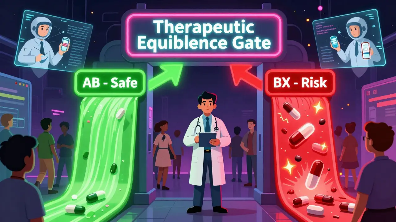 A pharmacist stands before a glowing gate separating safe and risky generic drugs with holographic warnings.