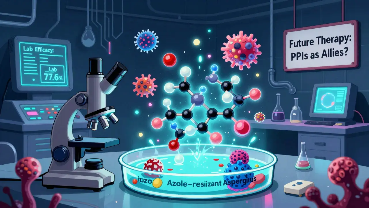 A retro-futuristic lab where omeprazole and itraconazole molecules synergistically destroy resistant fungal spores under a glowing microscope.