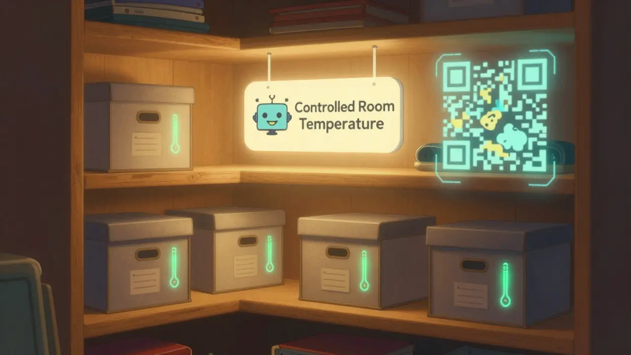 A safe, glowing closet with labeled storage boxes and a friendly holographic label explaining proper storage.