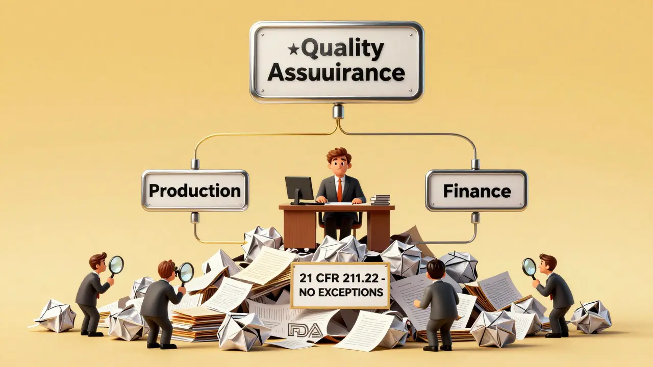 An independent Quality Assurance unit floats above collapsing production departments, connected only by a golden thread to the CEO.