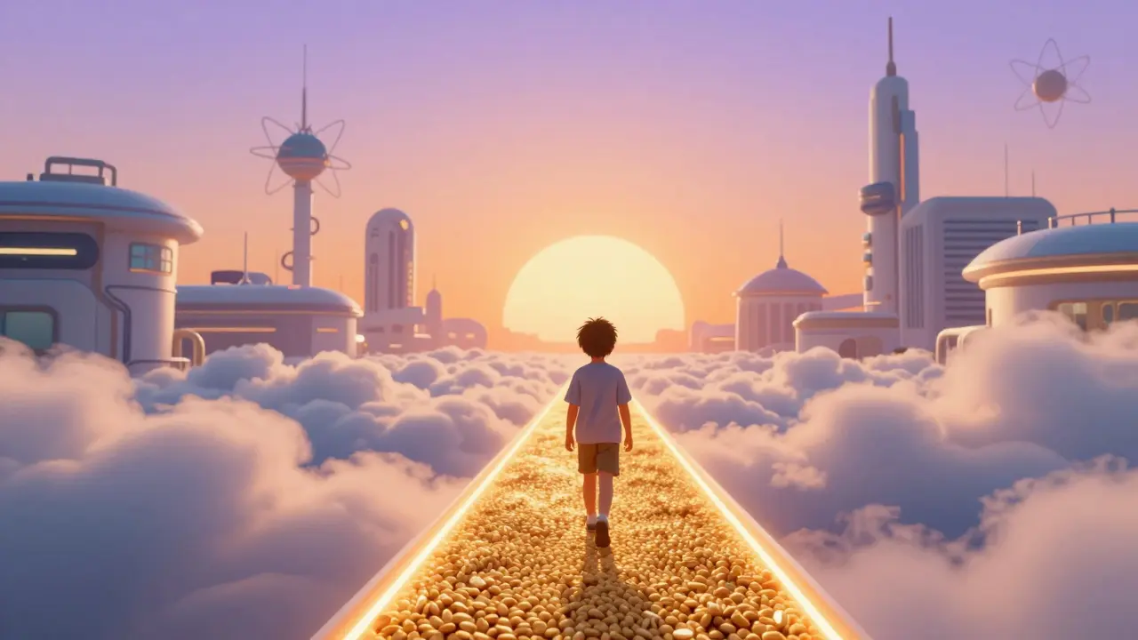 Child walking glowing path of nuts transforming to safety