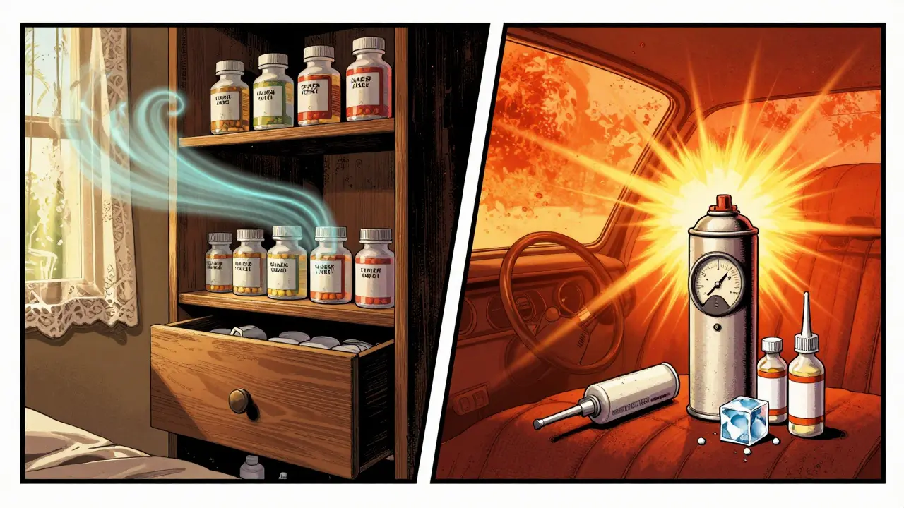 Contrast between cool closet and hot car storage