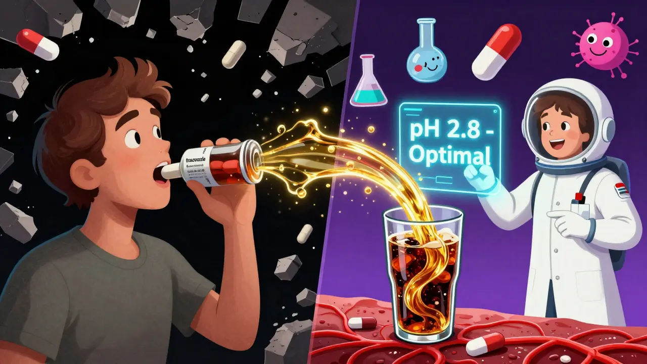 Contrasting scenes of ineffective antifungal absorption with omeprazole versus successful absorption with itraconazole solution and cola.