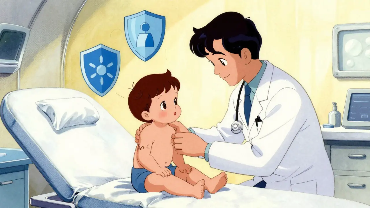 Doctor examining child with floating safety shields in clinic