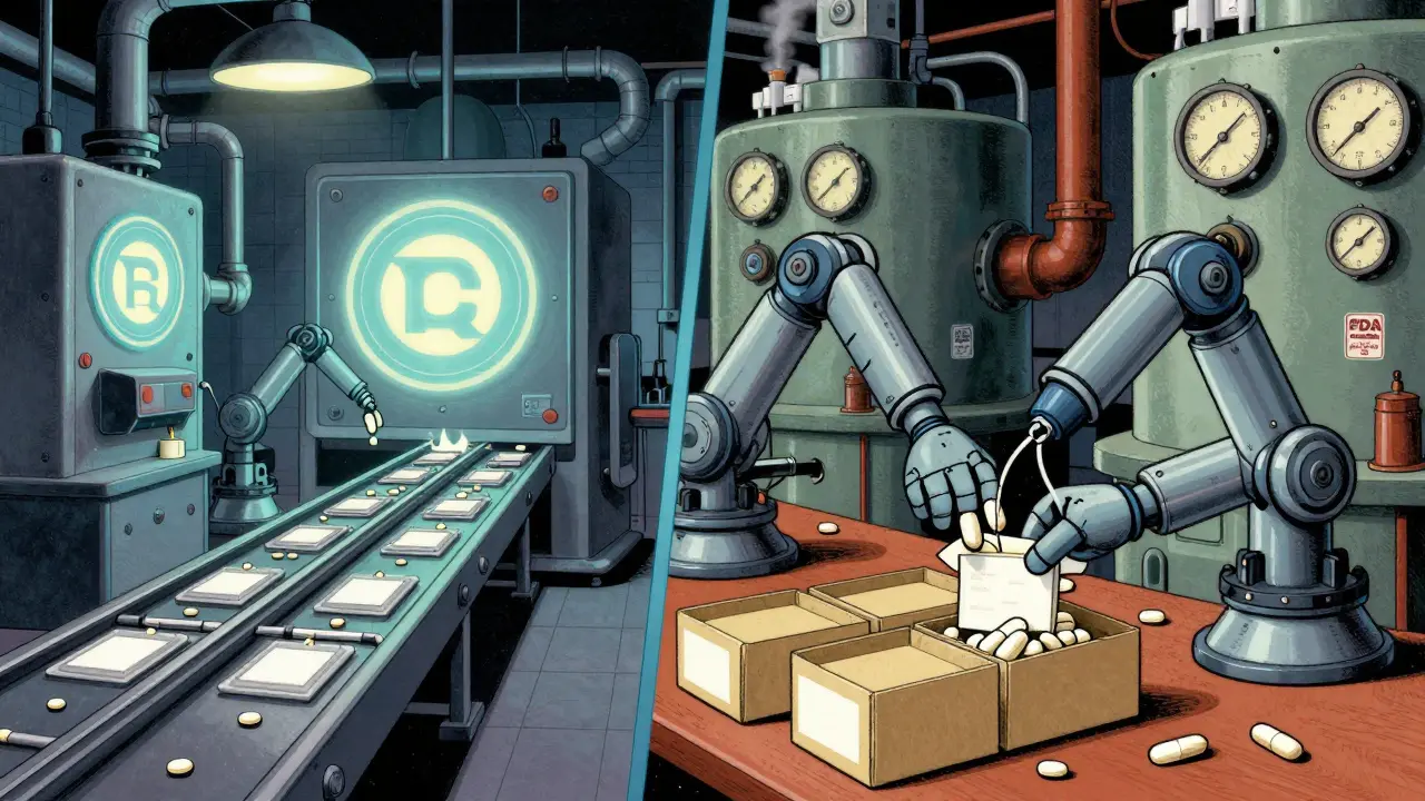 Identical pill production lines in a retro-futuristic factory, one with branded labels, one plain, same machinery.
