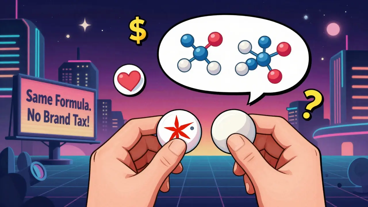 Patient holding two identical pills with thought bubble showing matching molecular structures, surrounded by cost and health icons.