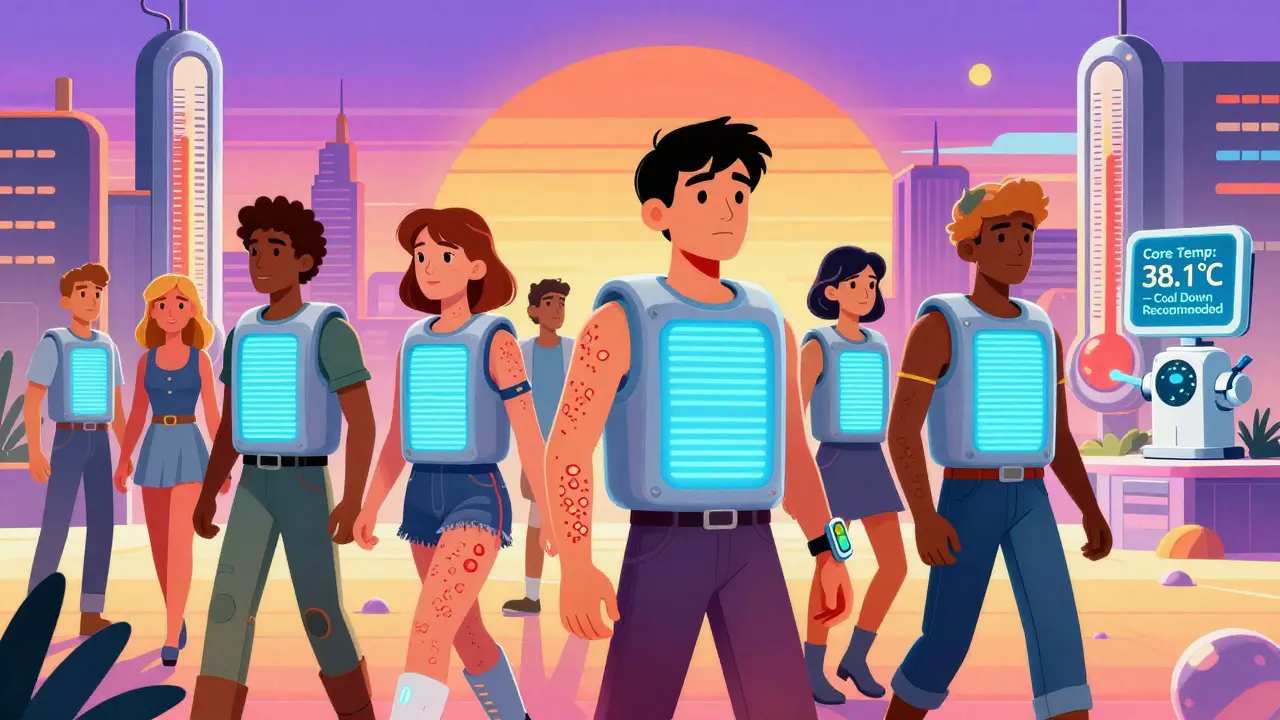 People in futuristic cooling gear walk through a warm city, one glowing with hives while an AI warns of rising body temperature.