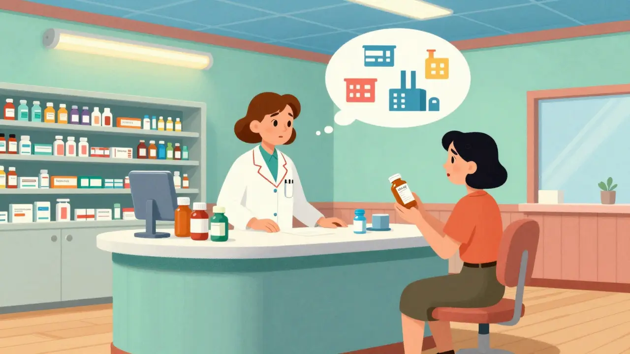 Pharmacist consulting patient about medication manufacturer