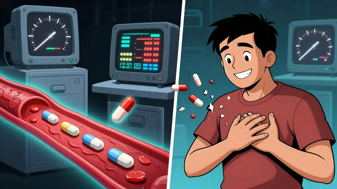 Split scene: one side shows a healthy bloodstream from a good generic pill, the other shows a dangerous failure.