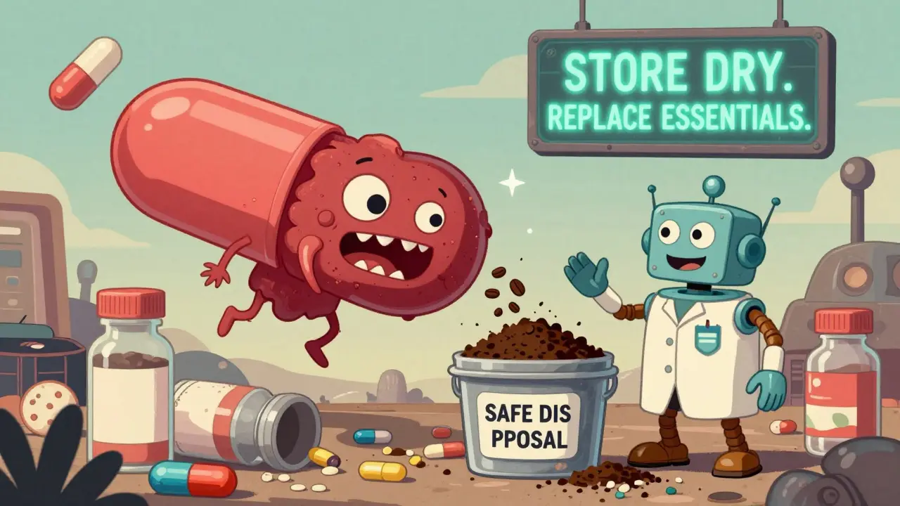 Surreal junkyard of expired meds with one turning into a kidney monster, being disposed of safely by a robot.