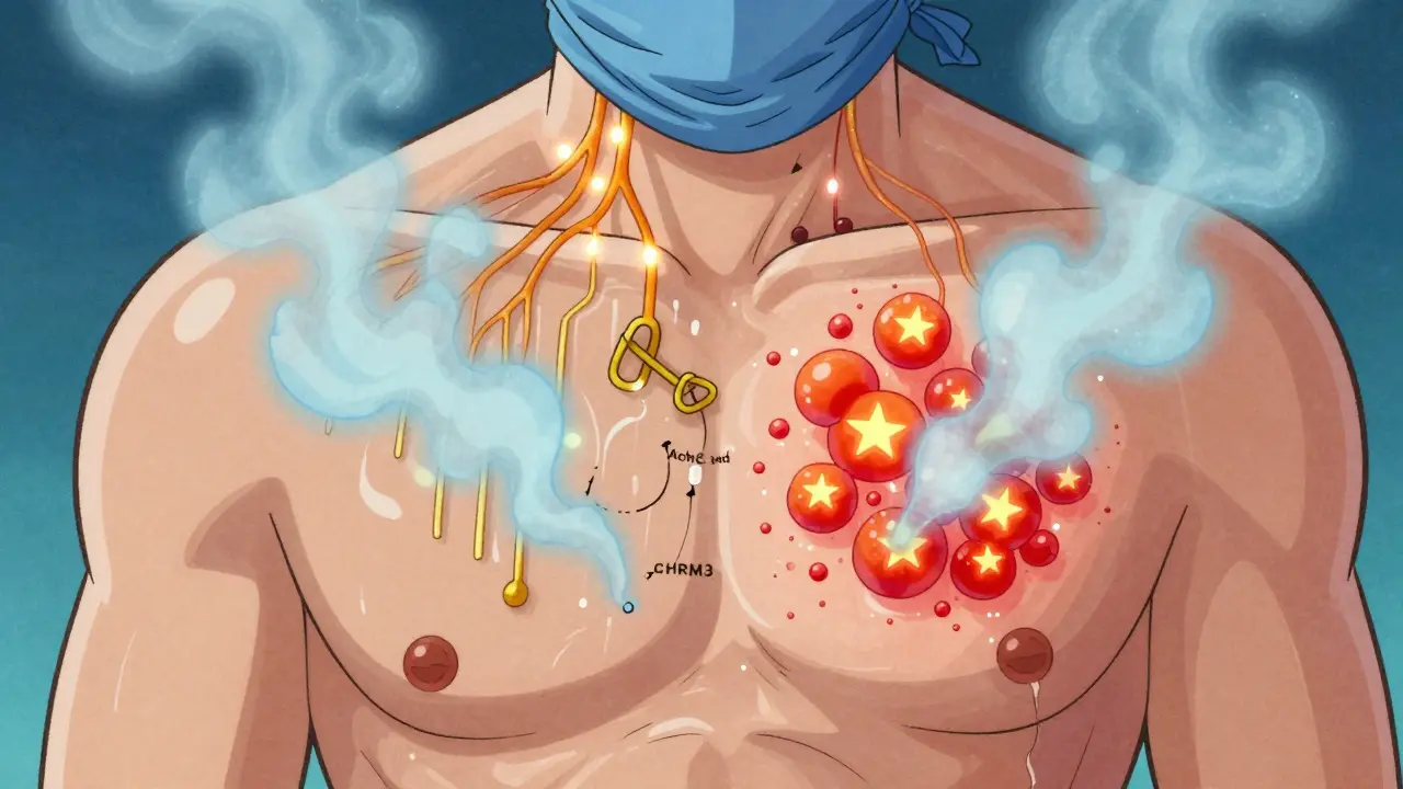 Transparent skin revealing sparking nerves and missing protein links, with red hive clusters rising as cooling mist calms the reaction.