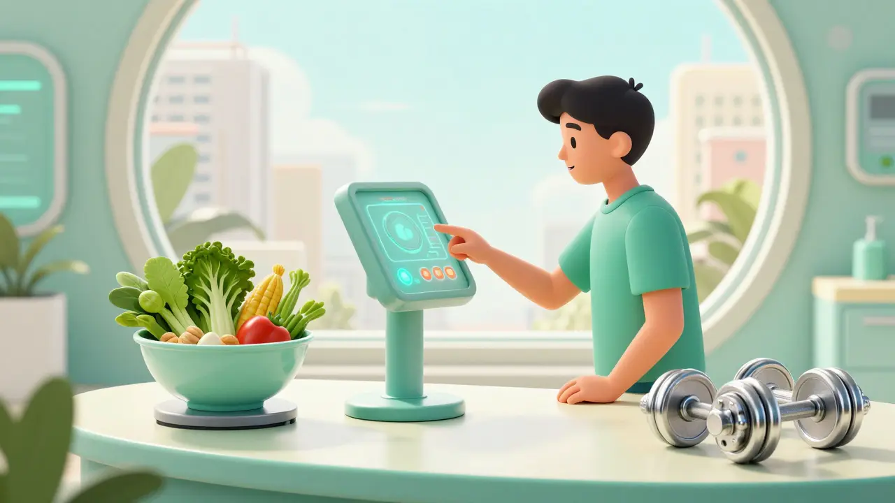 A person using a futuristic dashboard for health and weight management.
