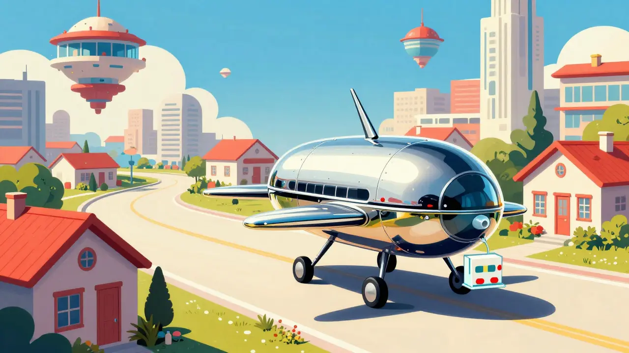 A rounded retro-futuristic delivery drone transporting a medication package to a home.