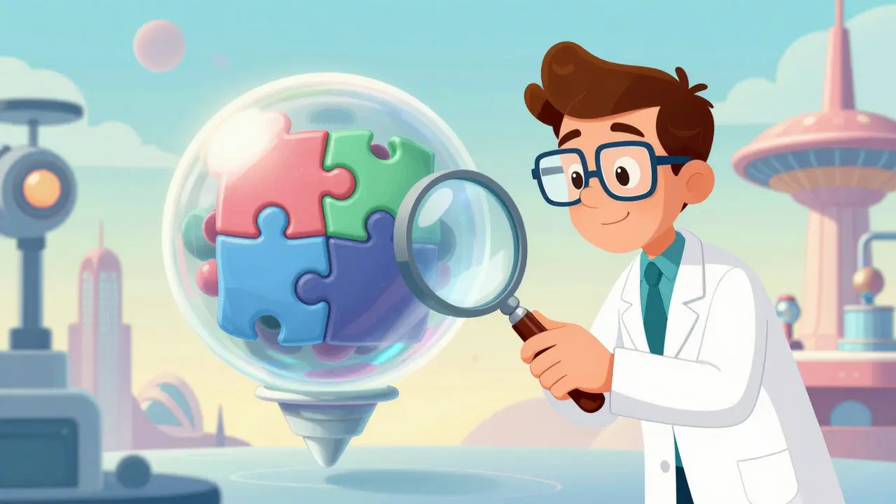 A scientist in a retro-futuristic lab examining the balanced internal structure of a large pill.