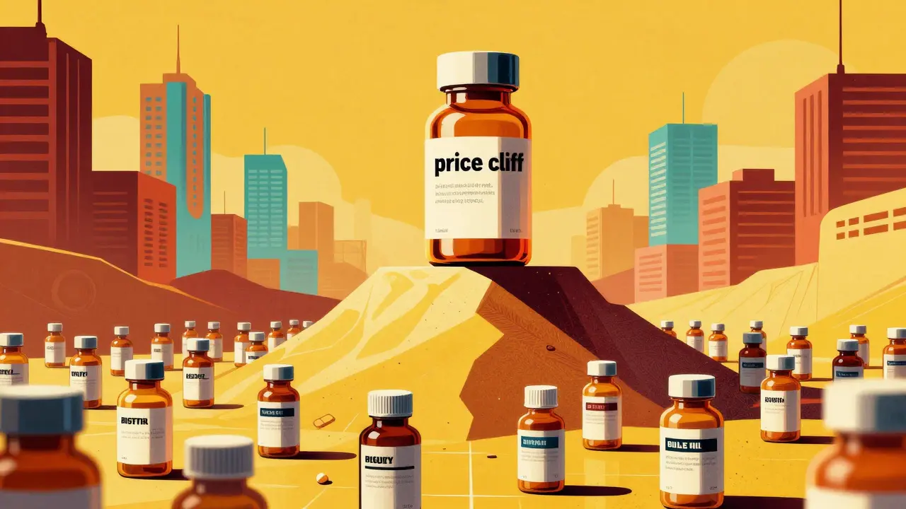 A stylized price cliff showing a high-cost drug above a valley of generic alternatives.