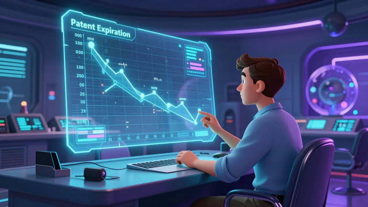 An economist analyzing a holographic timeline of patent expirations in a futuristic room.