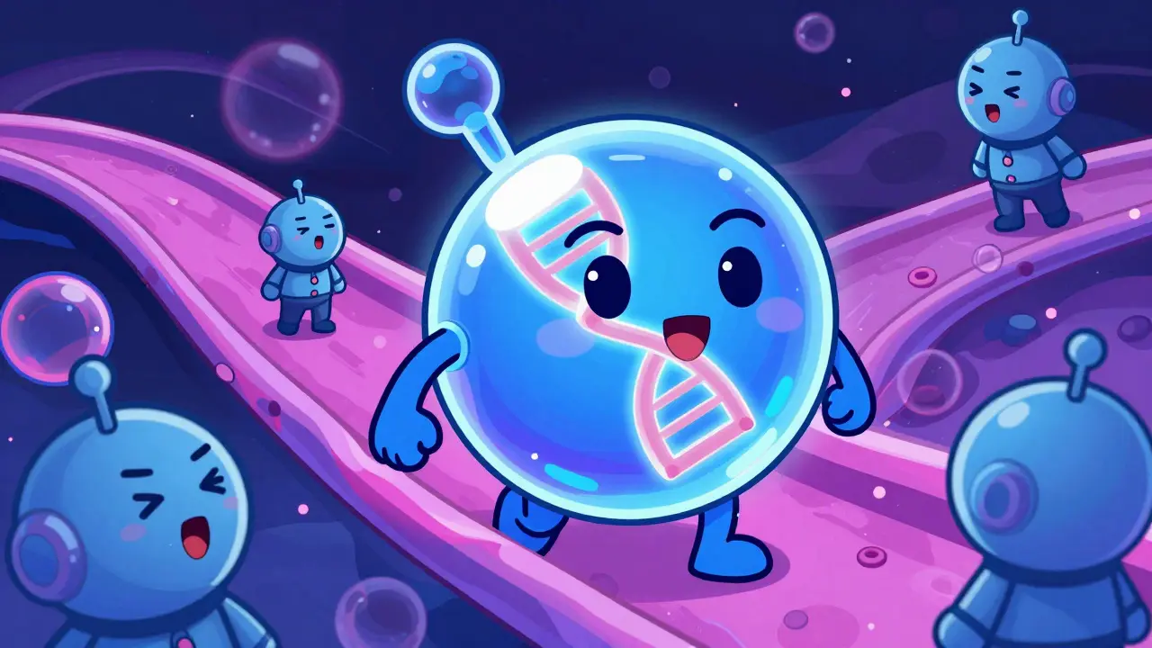Cartoon depiction of a lipid nanoparticle carrying mRNA through a neon bloodstream.