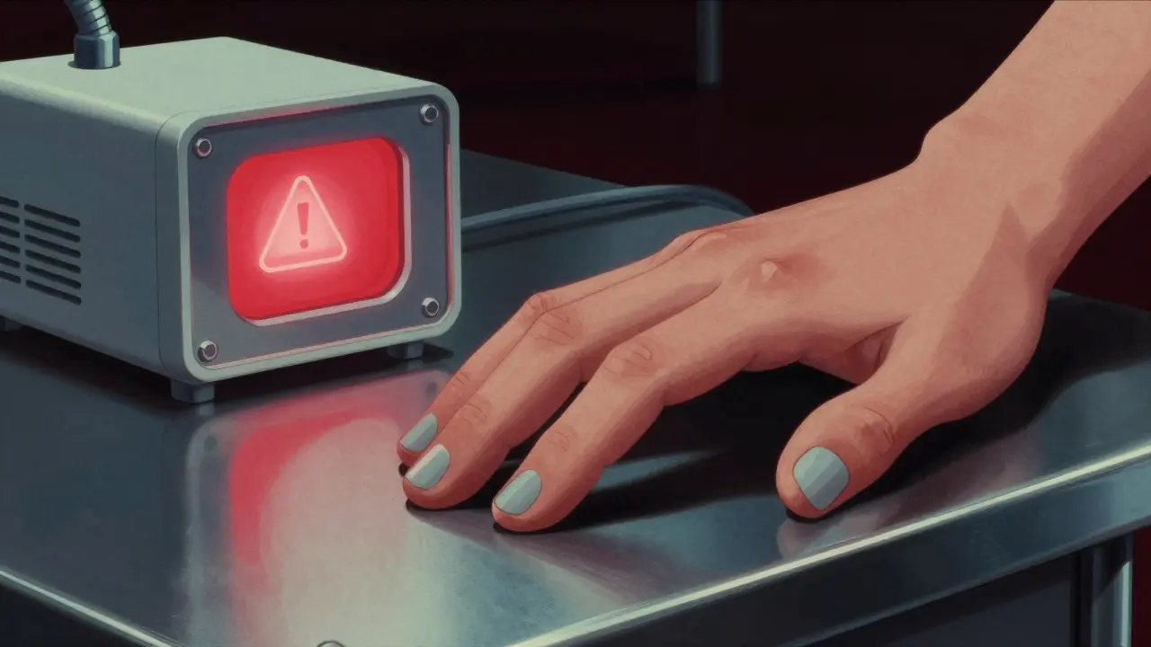 Close-up of bluish fingertips next to a futuristic medical scanner.