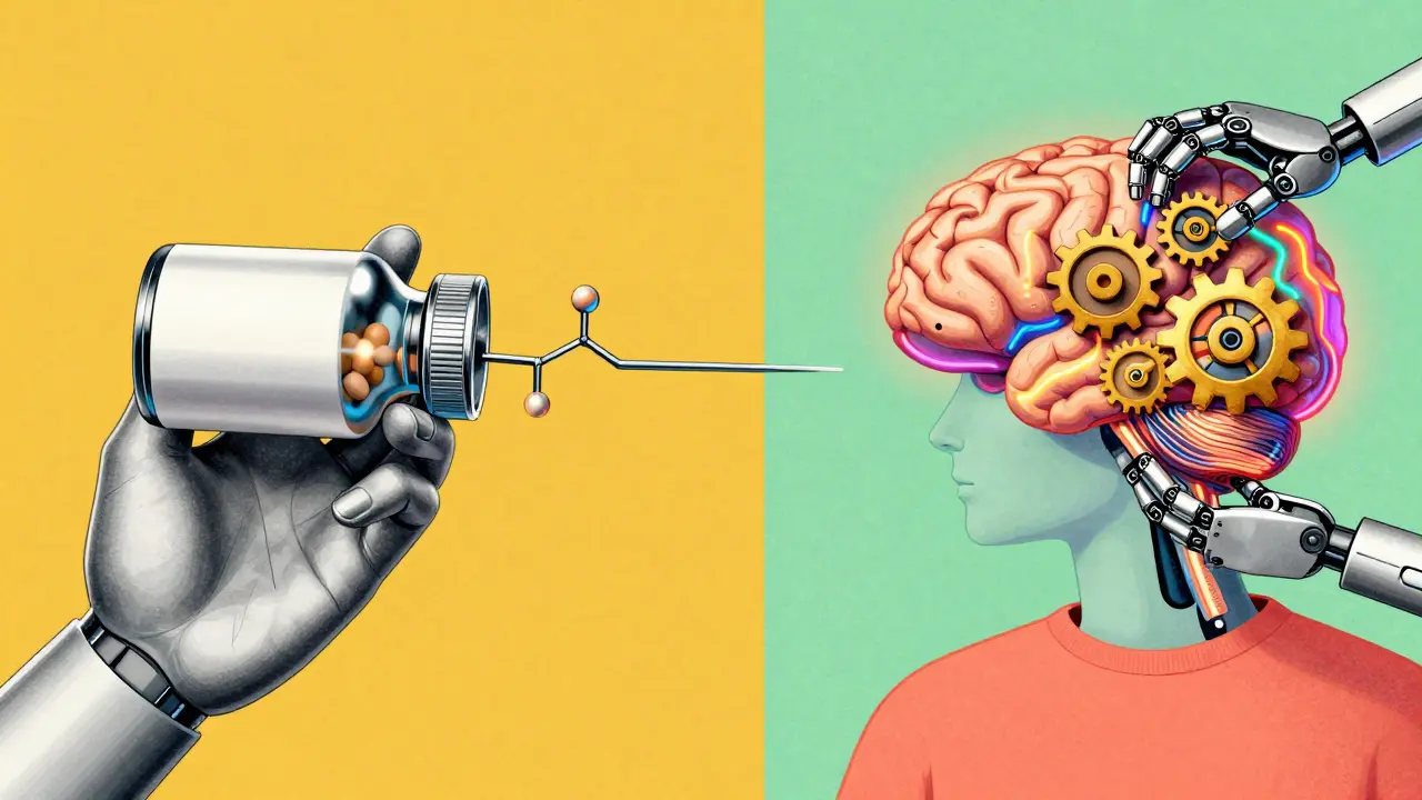 Comparison between a chemical pill bridge and a brain being rewired with golden gears in retro-futurist style.