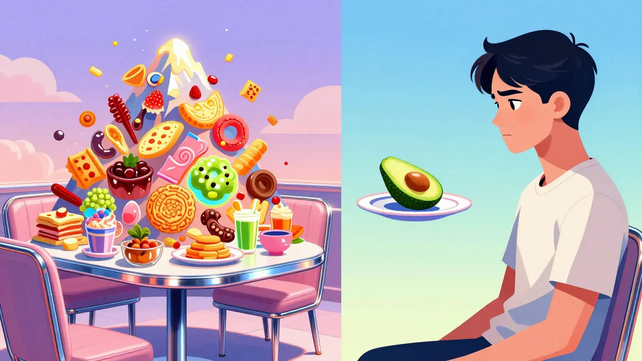 Comparison of a person experiencing extreme hunger versus loss of appetite in retro style.