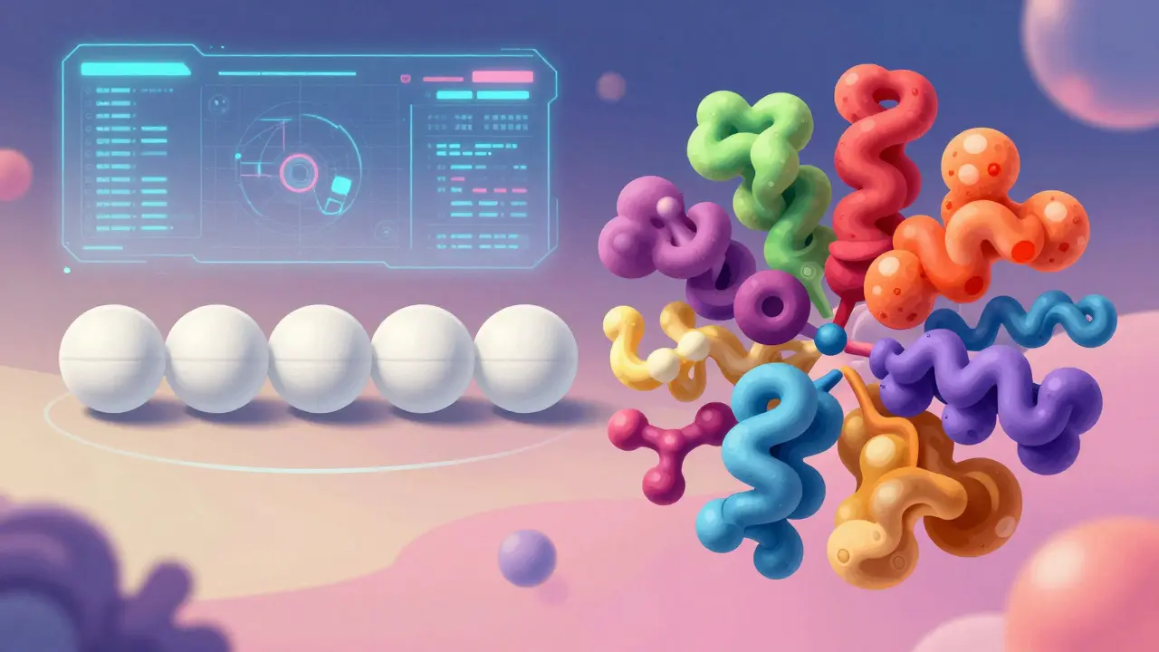 Comparison of simple chemical generic pills and complex organic biosimilar proteins in retro style