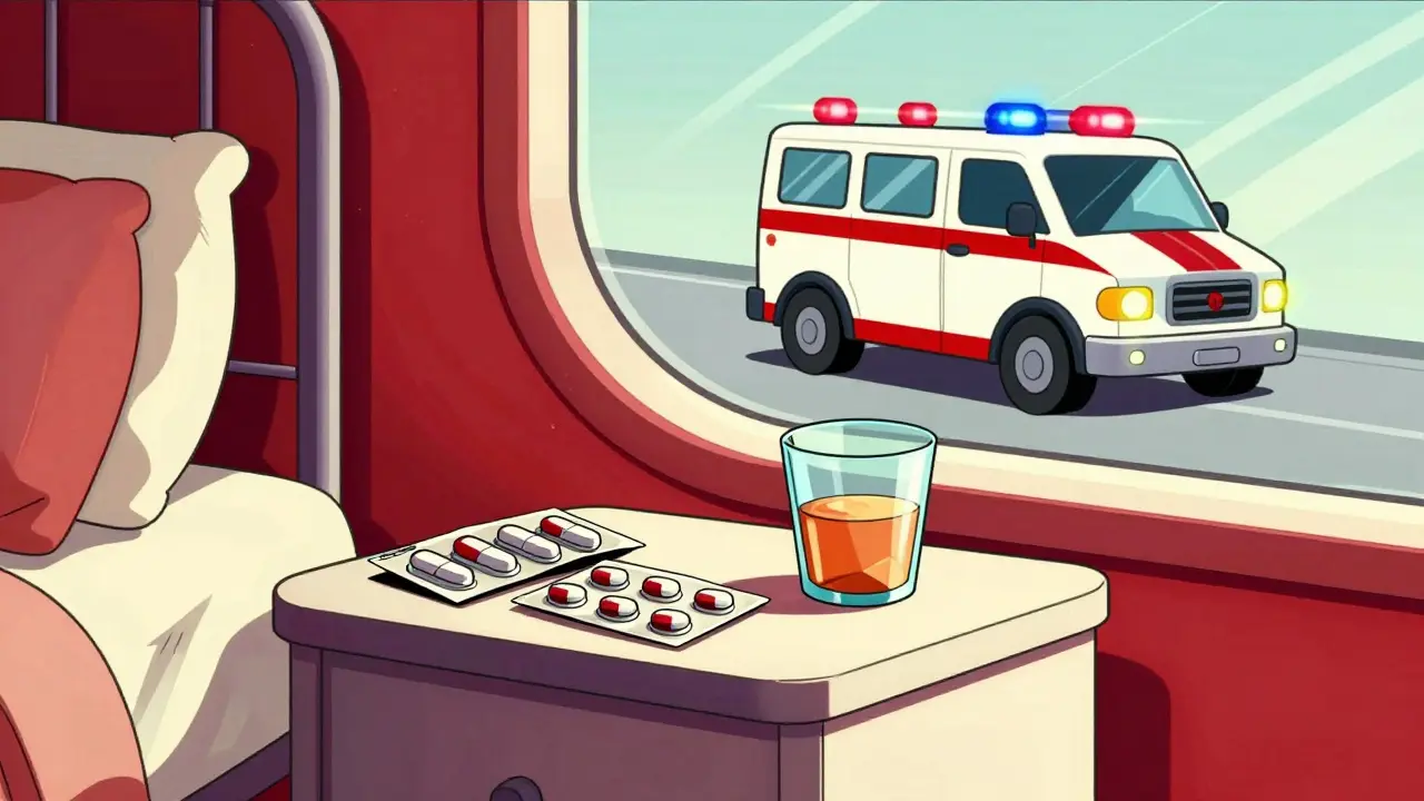 Futuristic medicine packs on a table with emergency lights flashing in the window.