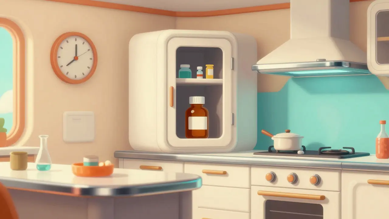 Medication stored in a sleek, retro-futuristic kitchen cabinet