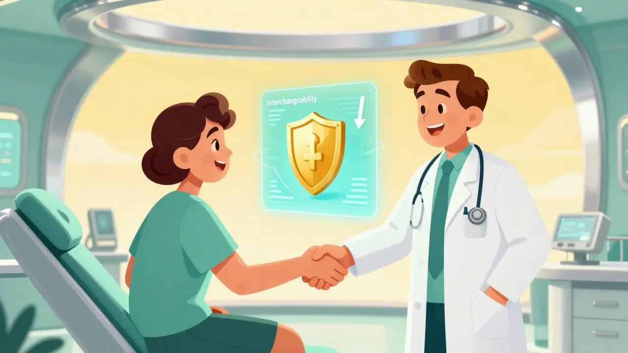 Patient and doctor in a futuristic clinic with a holographic display showing lower medication costs