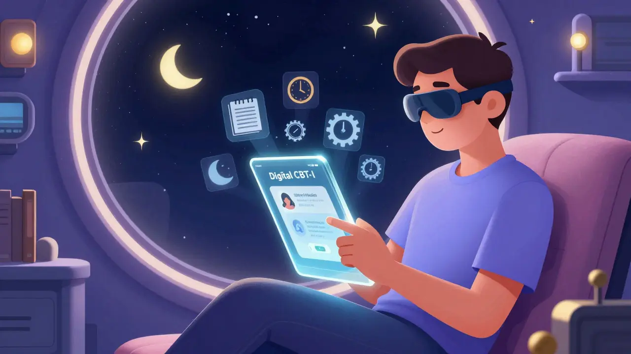 Person using a holographic sleep therapy app in a space-age room overlooking a starry cosmic night.