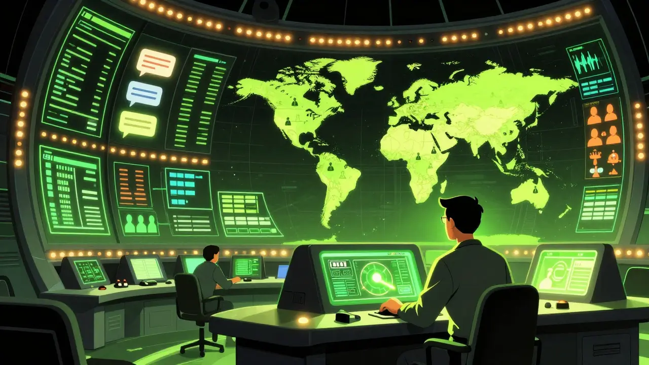 Retro-futurist control room monitoring global health data on large vintage screens.