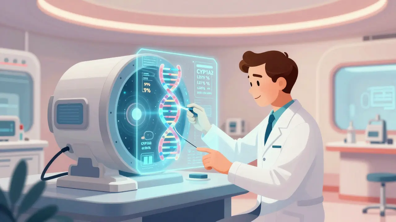Retro-futuristic scientist analyzing a DNA helix with holographic medical displays.