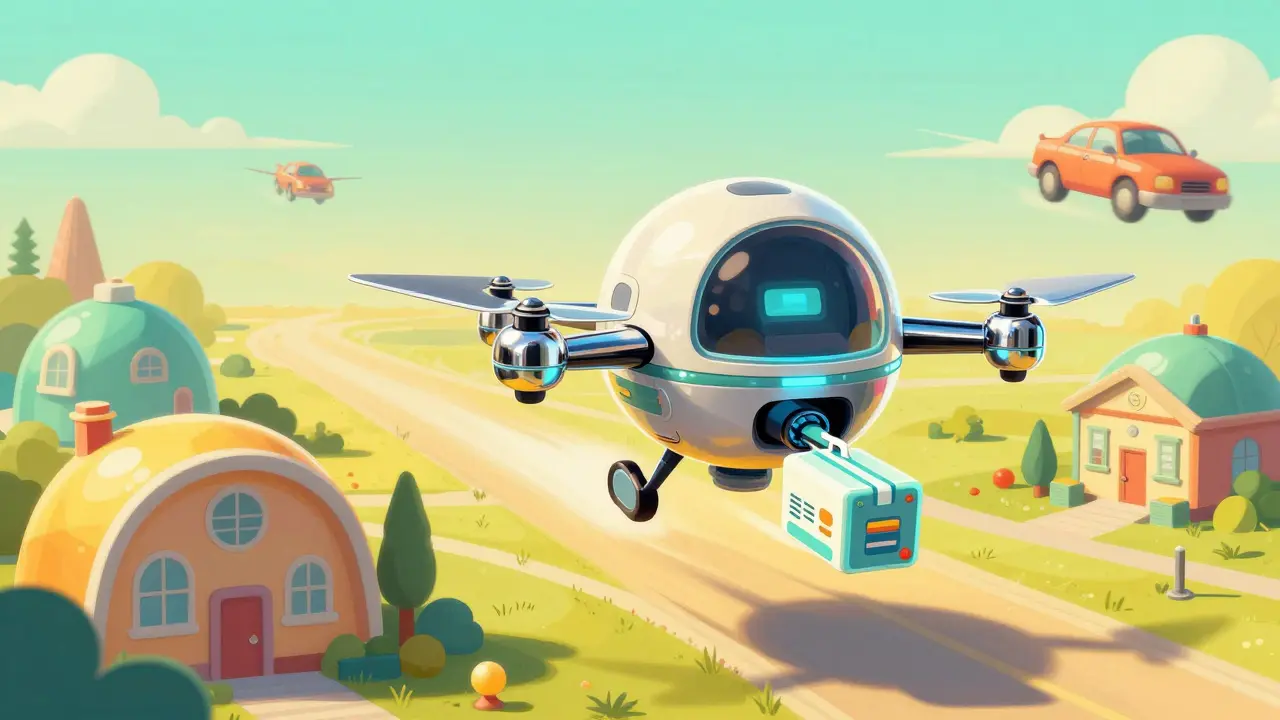 Small robotic drone delivering a medical package to a futuristic home