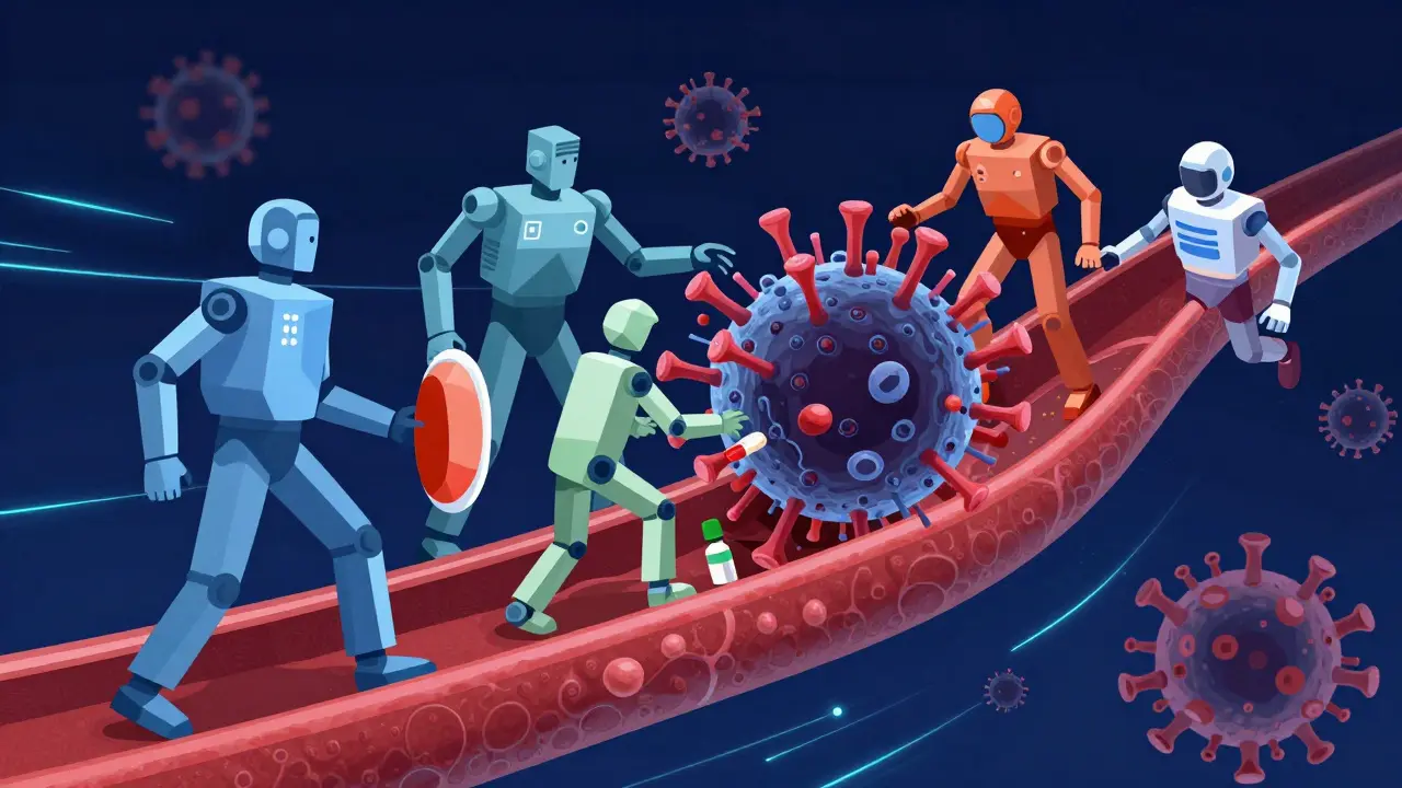 Stylized geometric medicine components working together to destroy a virus in an artery.