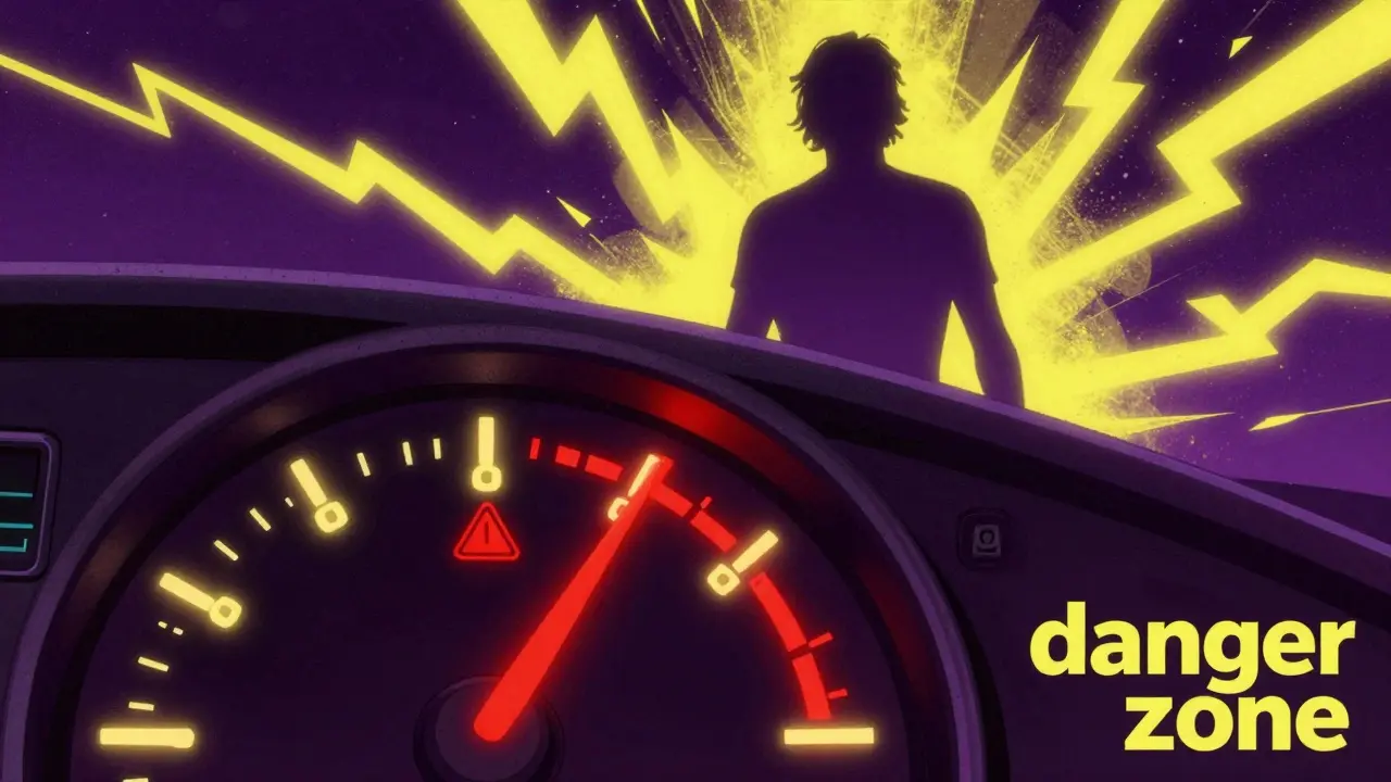 Vintage sci-fi style dashboard showing a needle in a red danger zone with electric bolts.