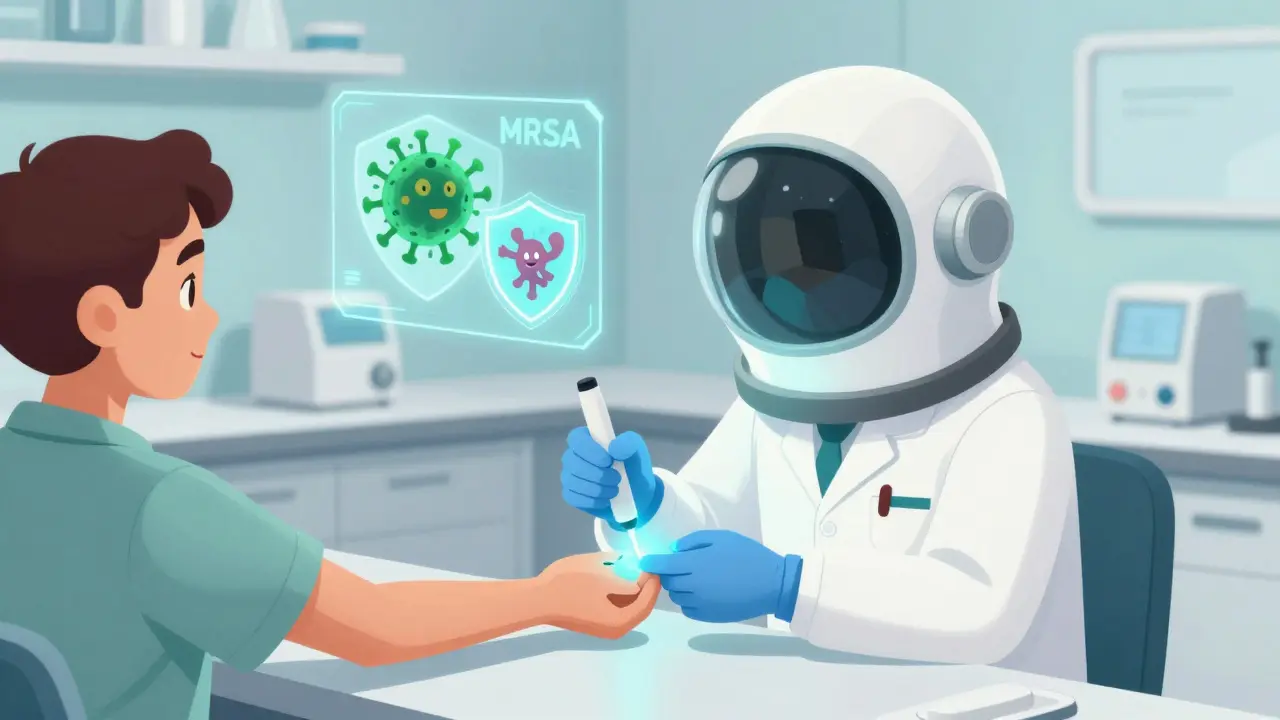 Allergist performing safe skin test in retro-futuristic clinic