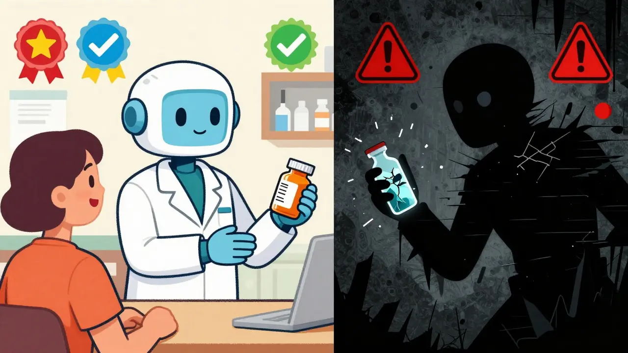 Cartoon contrast between safe verified pharmacy and shady scam website