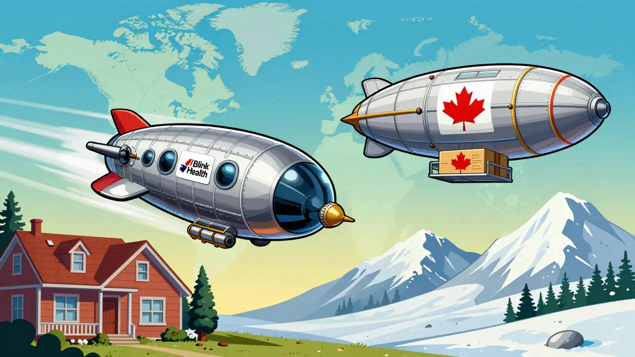 Comparison of fast US rocket delivery vs slow Canadian airship for medicine.