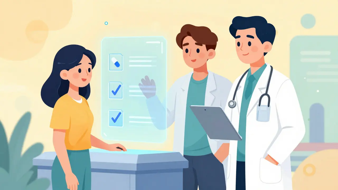 Doctor and patient reviewing holographic drug safety info on a futuristic kiosk.