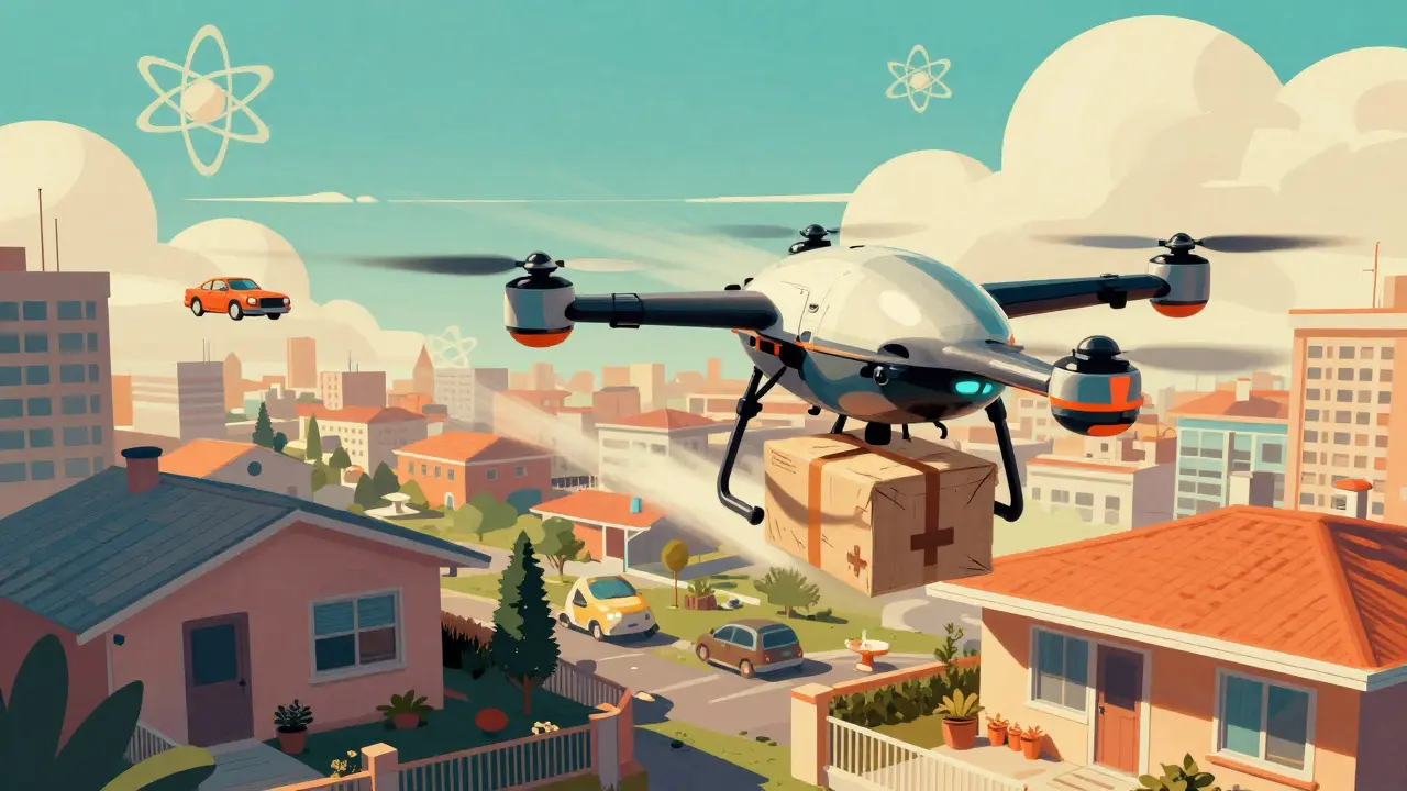 Futuristic drone delivering secure medicine package to a home