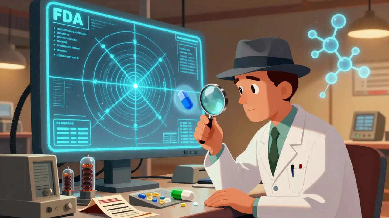 Futuristic lab scene analyzing generic pill ingredients under microscope