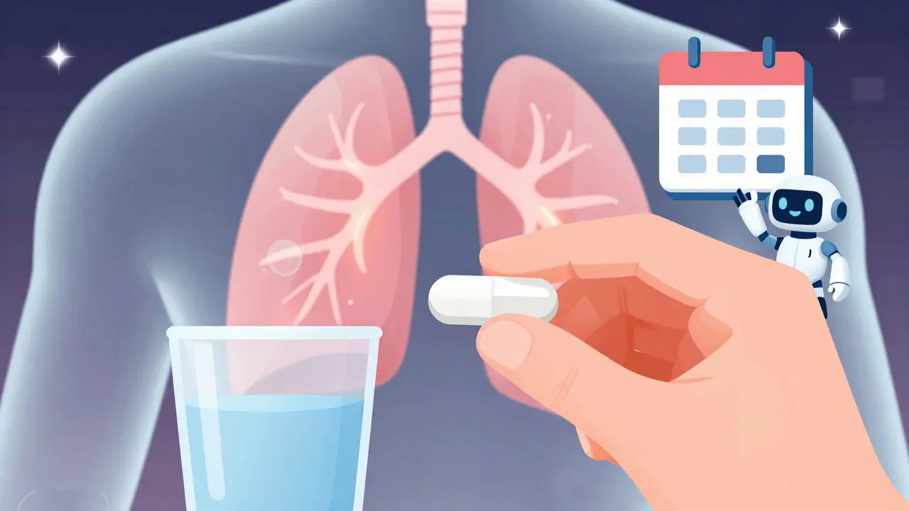 Hand holding pill with glowing lungs background in retro-futuristic art