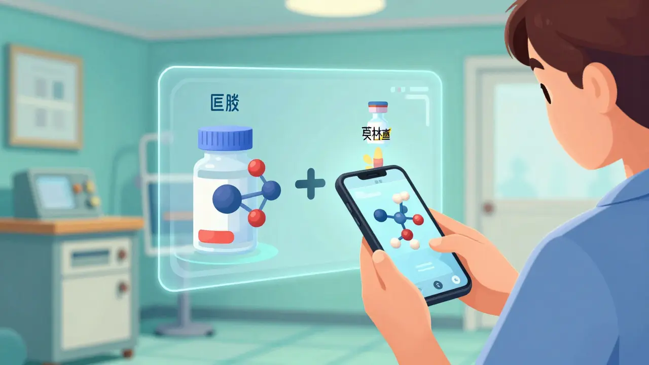 Holographic projection from a phone showing molecular comparison of generic medication.