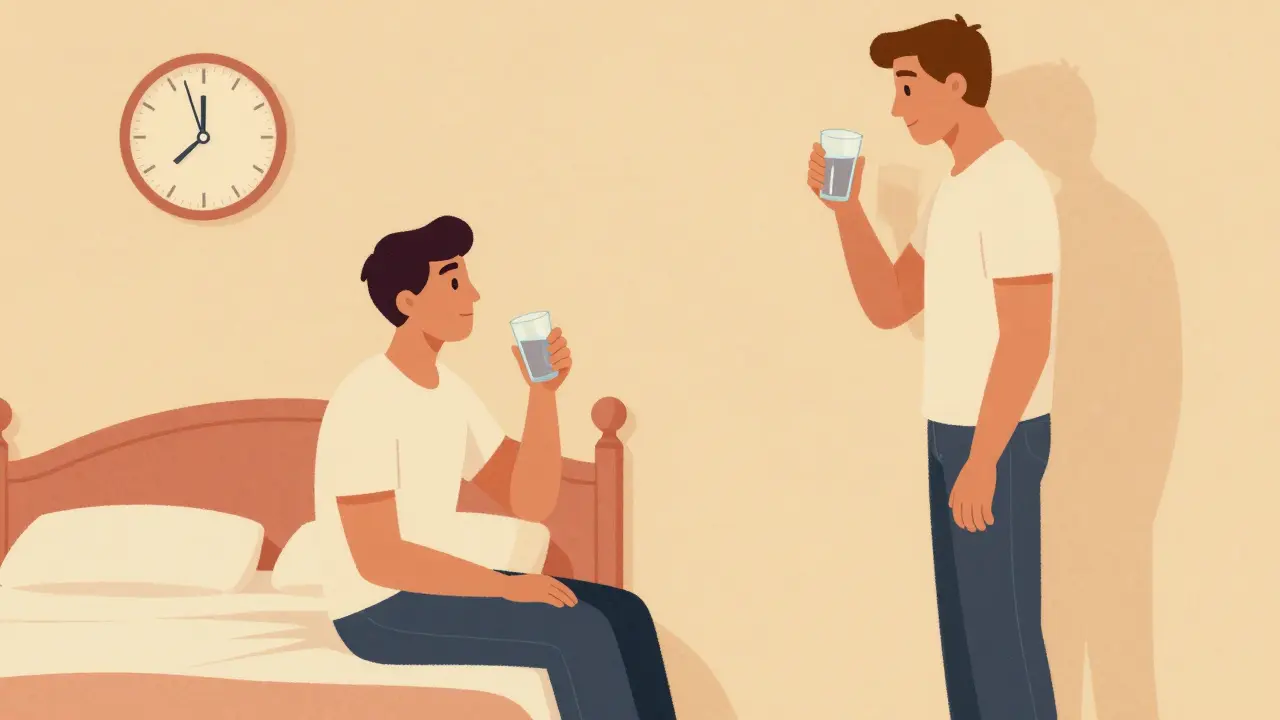 Man practicing sit-and-stand rule safely, retro-futuristic cartoon illustration