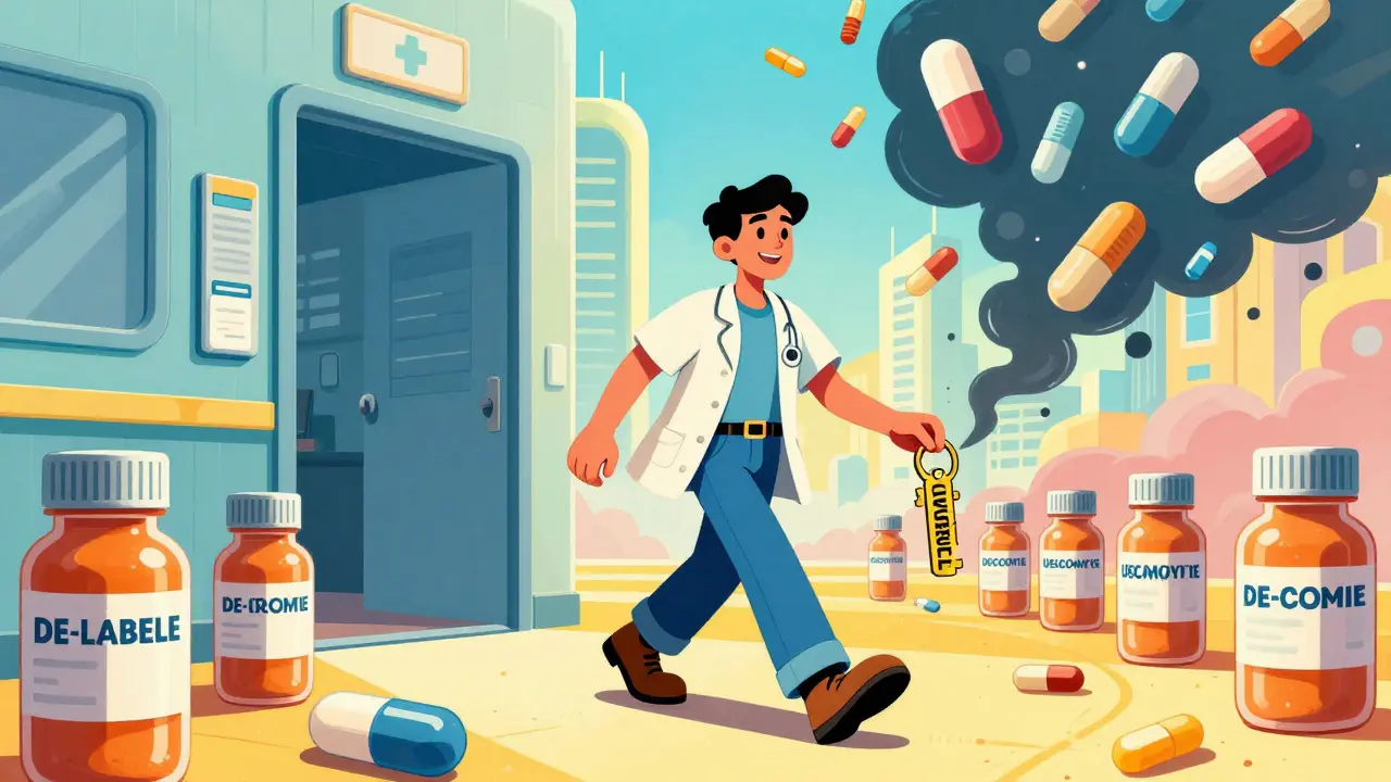 Patient gaining freedom from allergy label with golden key