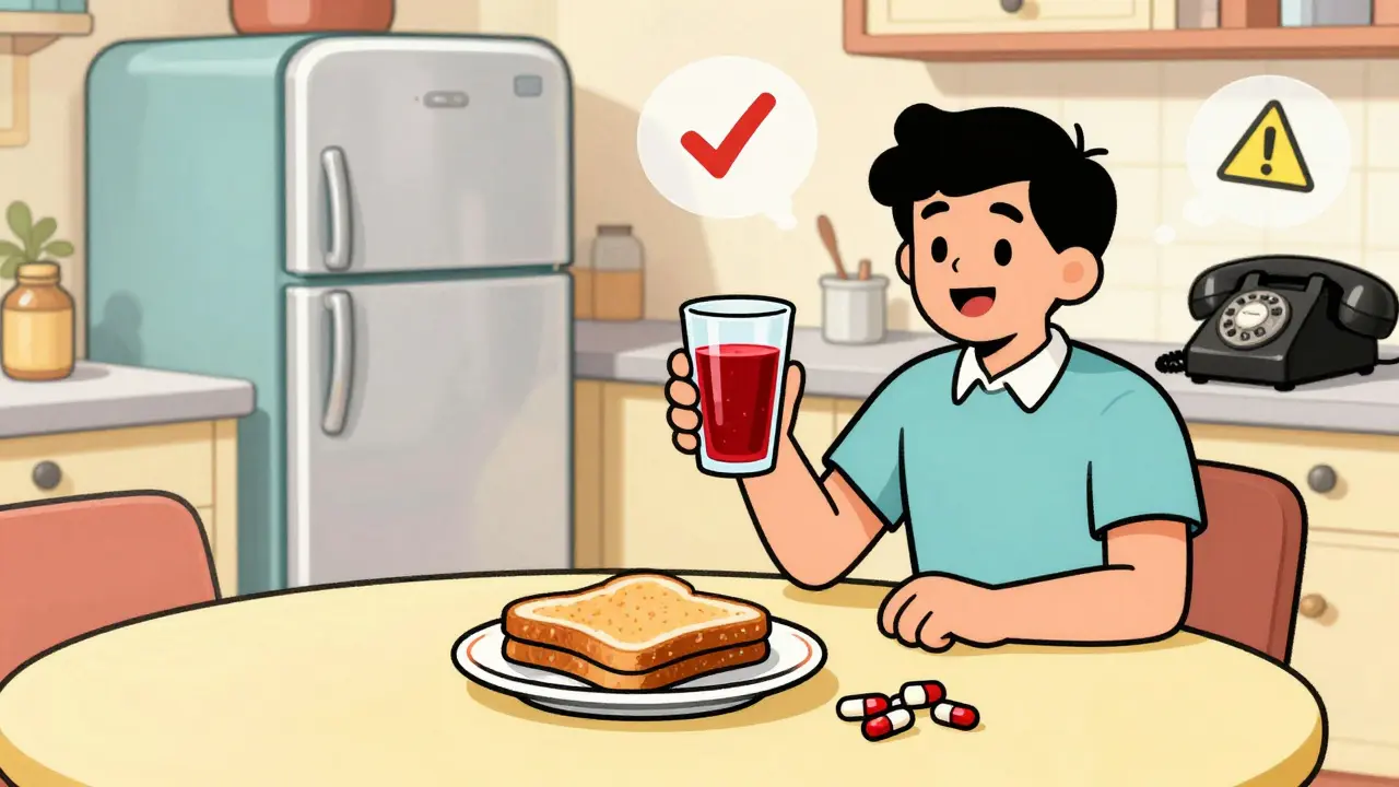 Person enjoying pomegranate juice with pills at a vintage retro-futuristic kitchen table.