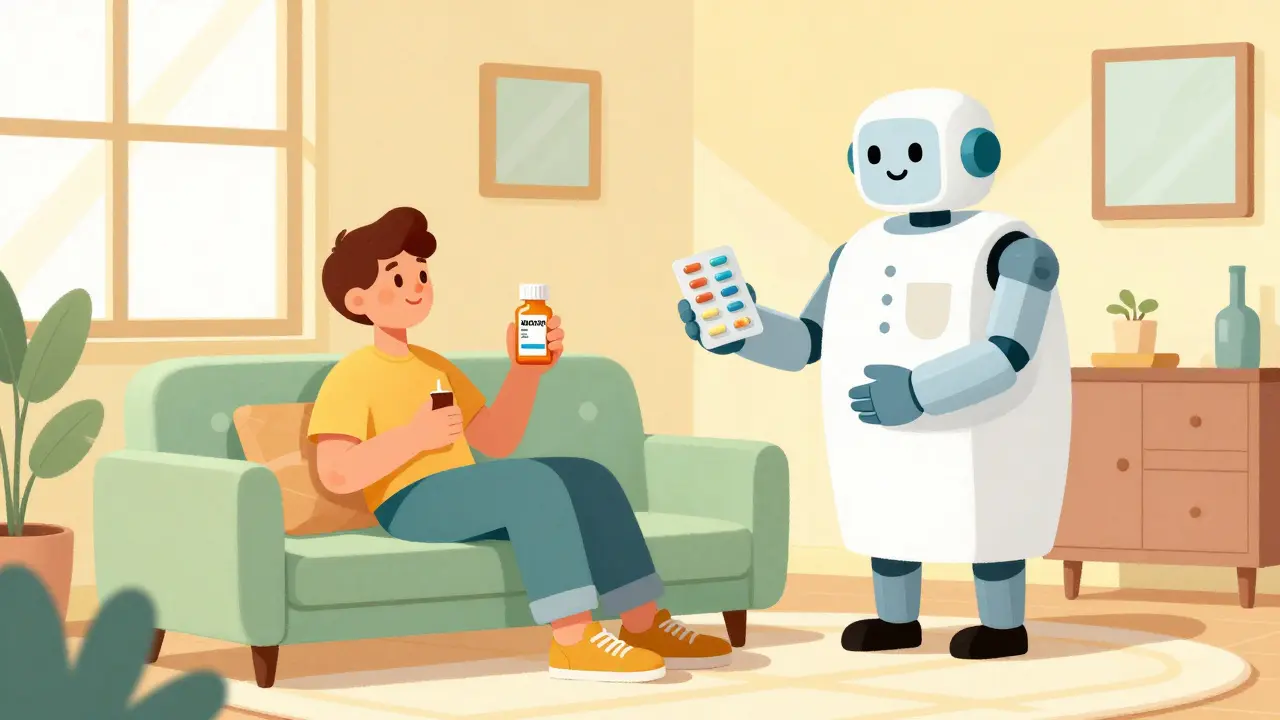 Relaxed person in a retro home receiving bulk generic medication from a friendly robot.